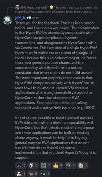 The image features a computer screen displaying the text of a message from someone named Jeff who is providing technical advice about HyperVEM. The conversation centers around HyperEVM being used as a smart contract, with Jeff explaining that it was never meant to be used for composing with core writer or reading precompiles due to its poor performance and compatibility issues when it comes to other chains in the system.