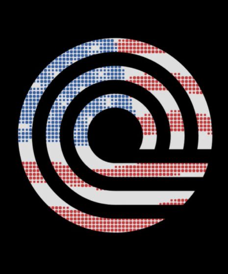 A stylized logo resembling a lowercase 'e' filled with the red, white, and blue halftone dot pattern of the American flag.