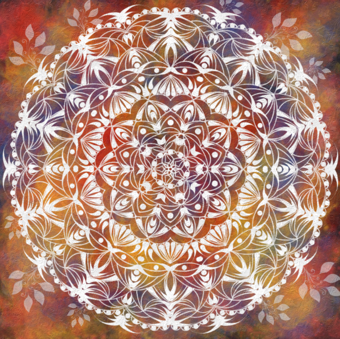 An intricate white mandala pattern overlaid on a textured background of warm orange, red, and purple hues.