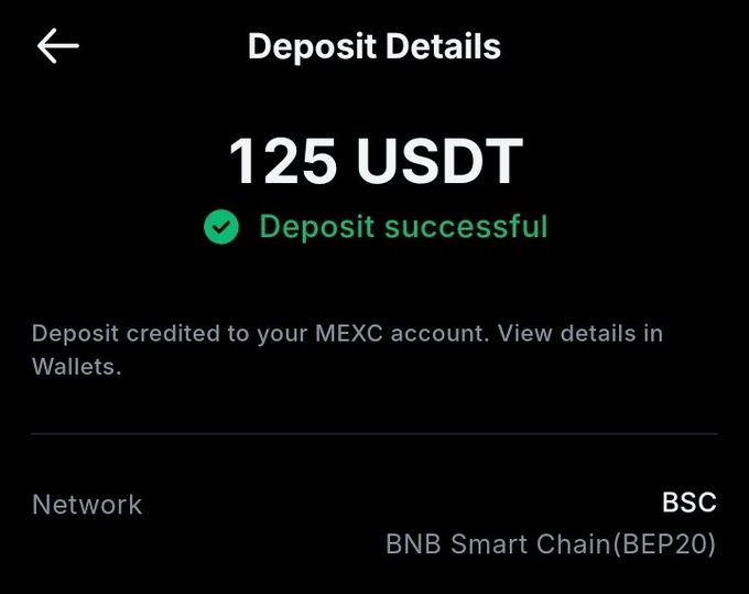 A MEXC cryptocurrency exchange deposit confirmation screen showing 125 USDT successfully deposited via the BSC (BNB Smart Chain/BEP20) network.