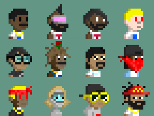 A grid of 12 diverse pixel art character portraits is displayed, corresponding to the 12 generated items from the "Mega Sweep" NFT purchase totaling 0.8441 ETH by wallet 0xcA50…0bB5.