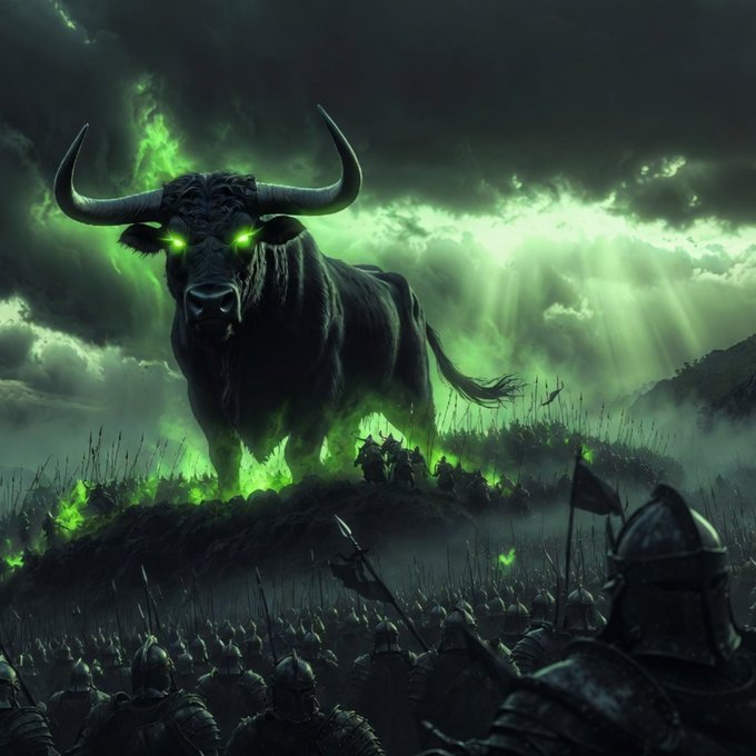 A dark fantasy illustration of a giant bull with glowing green eyes standing on a misty hill as a green ethereal light streams from the sky, while an army of soldiers watches below.
