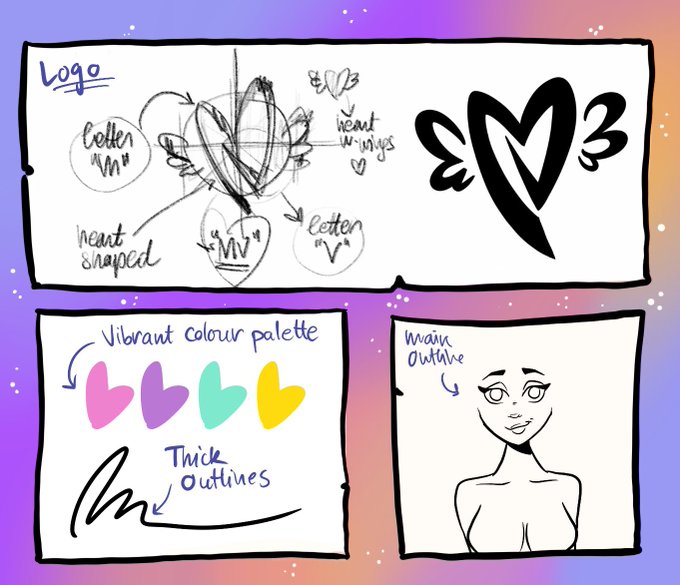 A logo design concept sheet for 'EM3' showing heart-shaped logo sketches, a vibrant color palette (pink, purple, teal, yellow), notes on 'Thick Outlines', and a character outline.