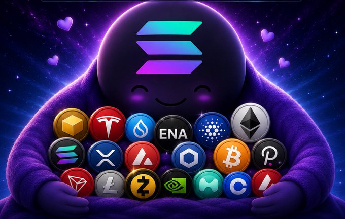 The image features a purple character with a smiling face, surrounded by various tokens representing different cryptocurrencies such as Bitcoin, Ethereum, Ripple, and others. The character appears to be holding these tokens, symbolizing their ownership or investment in cryptocurrency. The image also includes text that reads "Focus on what is in the image and how it relates to the post", which suggests a connection between the visual content of the image and the context of the post about tokenized stocks.
