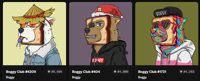 Three NFT character profile cards labeled "Boggy Club #4209", "Boggy Club #404", and "Boggy Club #1721", each featuring a cheetah-themed avatar with different outfits and accessories.