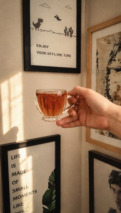 A hand holds a small glass teacup of amber tea in front of a gallery wall featuring framed prints, including one reading "ENJOY YOUR OFFLINE TIME" with dinosaur illustrations and another stating "LIFE IS MADE OF SMALL MOMENTS LIKE THIS." The image captures the post's "phone on DND, touch grass for 5 mins" vibe, embodying a quiet Tuesday moment of mindful stillness and digital detox.