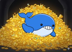A cartoon illustration of a smiling blue whale leaping in front of a massive pile of gold coins, resembling the logo for a crypto token.