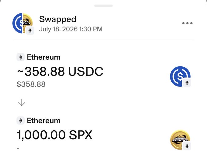 A swap transaction confirmation showing Ethereum being swapped for approximately 358.88 USDC, receiving 1,000.00 SPX, dated July 18, 2026 at 1:30 PM.