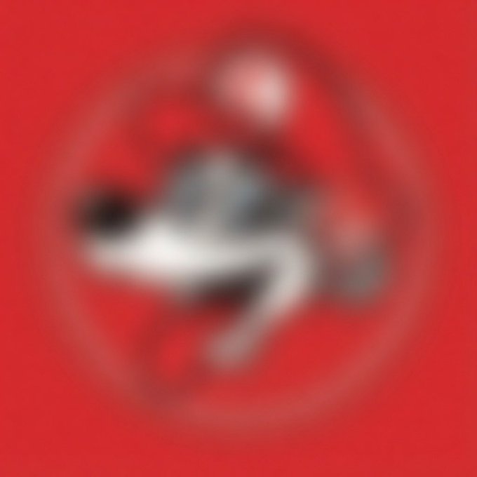 A blurry, distorted image featuring a bright red background with a black and white swirling pattern in the center, resembling a heavily blurred logo or emblem.