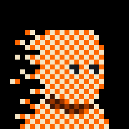 A pixel art image of an orange and cream colored ghost-like figure with pixelated trailing edges on a black background.