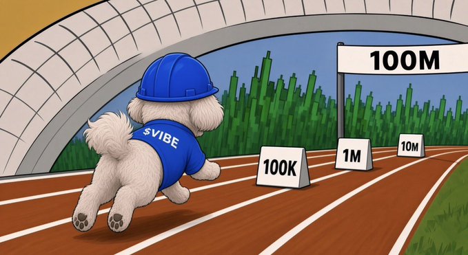 A cartoon illustration shows a small white dog wearing a blue hard hat and a shirt labeled 'VIBE' running on a track toward distance markers reading '100K', '1M', '10M', and '100M'.