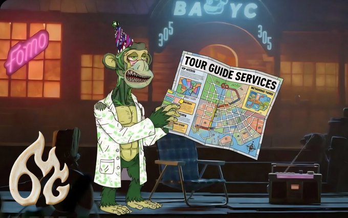 A cartoon monkey wearing a party hat and holding a 'TOUR GUIDE SERVICES' map, standing in front of a neon 'BABY C' sign with flames and the text 'OG'