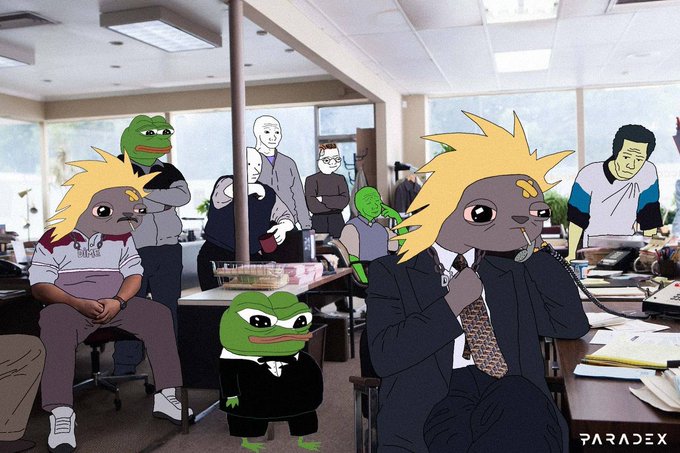 An animated meme shows an office scene populated by characters with Pepe the Frog and spiky-haired anime-style heads wearing suits, with the watermark 'PARADEX' in the corner.