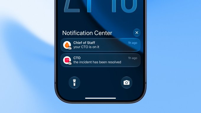 A smartphone displays a "Notification Center" with messages from the "Chief of Staff" stating "your CTO is on it" and a "CTO" confirming "the incident has been resolved," alongside flashlight and camera icons at the bottom. The post celebrates the XAi team's rapid updates and new feature allowing users to connect Grok Bot to multiple Gmail addresses, playfully framing Grok as a responsive team with a Chief of Staff and CTO handling issues efficiently.