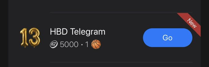 A promotional banner for "HBD Telegram" features gold "13" balloons alongside text "5000 · 1" with a basketball emoji, marked with a "New" ribbon and a blue "Go" button, aligning with the post's message celebrating Telegram's 13th anniversary and promoting a 67 App task to claim 5000 $67 tokens and a free basketball attempt.