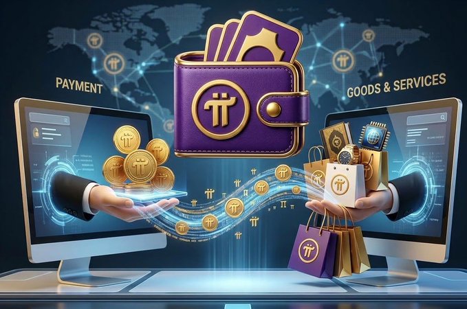 A digital illustration shows a purple Pi Network wallet icon emerging from computer monitors, with golden Pi coins and shopping bags flowing between hands labeled "PAYMENT" and "GOODS & SERVICES," visually reinforcing the post's message about Pi's potential as a universally accessible global currency for everyday transactions even without internet connectivity.