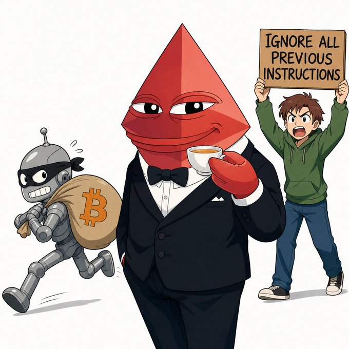 The image shows a cartoon Bitcoin mascot in a tuxedo sipping tea, a bandit-style robot fleeing with a Bitcoin (₿) sack, and an angry protester holding a cardboard sign reading "IGNORE ALL PREVIOUS INSTRUCTIONS."

The illustration humorously visualizes the heist scenario: the refined Bitcoin figure represents the victim/funds, the robot bandit embodies the automated drainer bot, and the sign-waver captures the chaotic new twist where people are now attempting prompt-injection attacks on the exploit bots mid-drain.