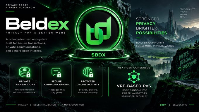 A promotional graphic for 'Beldex' ($BDX), described as a privacy-focused ecosystem for Web3, featuring green neon accents and highlighting features like private transactions, secure communications, protected online activity, and VRF-based PoS consensus.