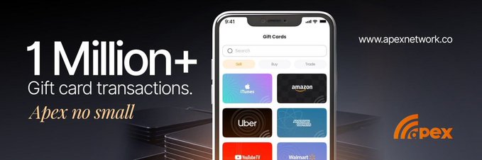 A promotional banner for Apex Network (apexnetwork.co) celebrating '1 Million+ Gift card transactions' with 'Apex no small,' showing a smartphone app displaying brands like iTunes, Amazon, Uber, American Express, YouTube TV, and Walmart.