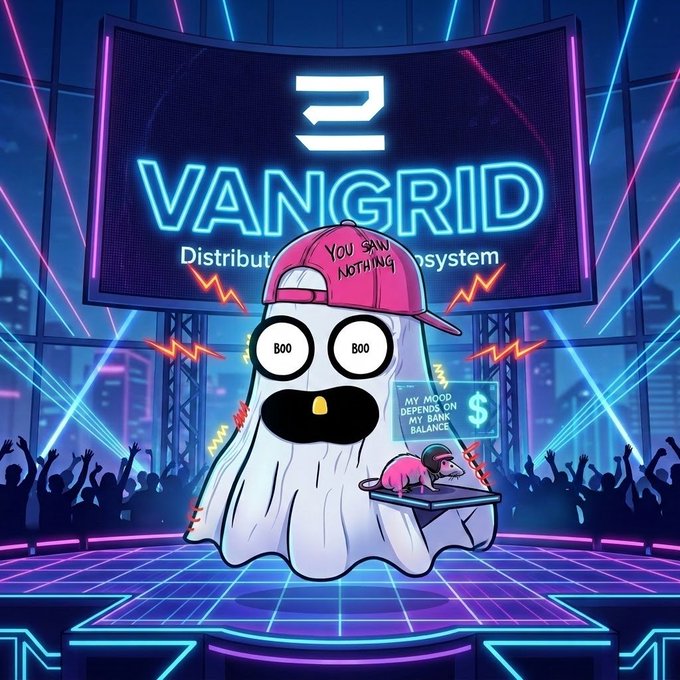 A neon-lit concert scene showing a ghost wearing a pink 'YOU SAW NOTHING' cap with 'BOO' eyes on a stage, with a screen behind displaying 'VANGGRID Distributed [mo]neysystem' and a speech bubble saying 'MY MOOD DEPENDS ON MY BANK BALANCE'.