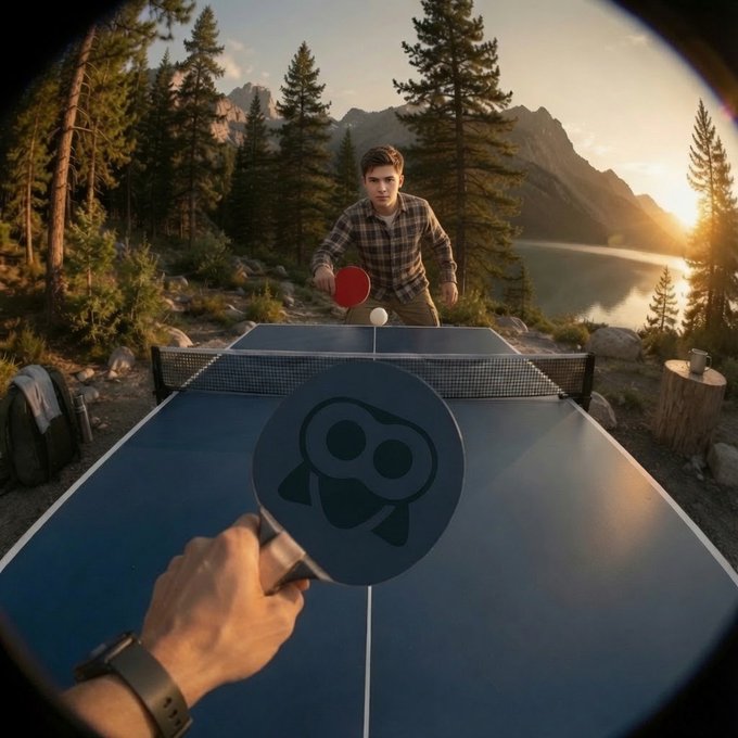 A first-person perspective of a ping pong match outdoors at sunset, with a player in a plaid shirt returning a ball and a paddle featuring a cartoon character logo in the foreground.