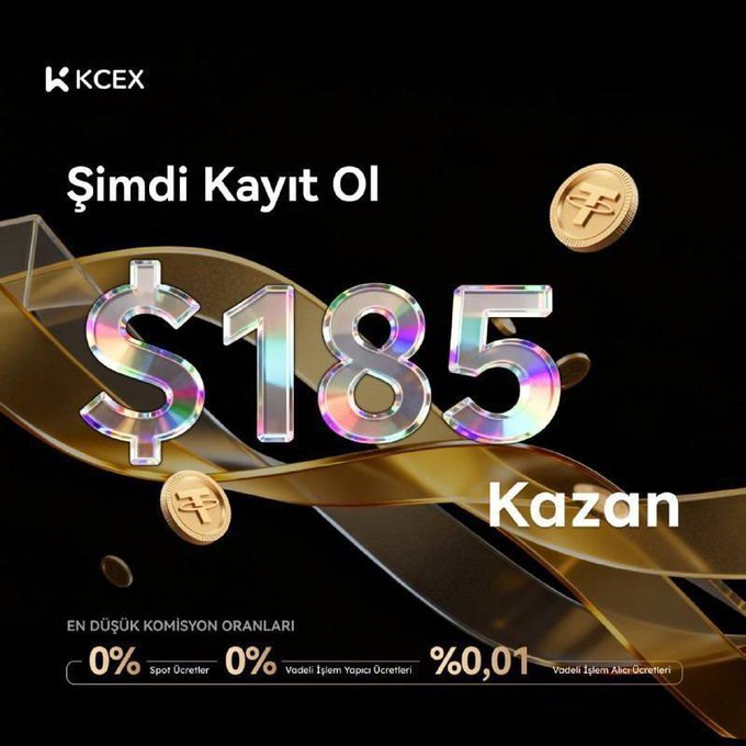 A promotional graphic for KCEX in Turkish with the headline "Şimdi Kayıt Ol" (Sign Up Now) and the word "Kazan" (Earn), showcasing a large iridescent "$185" reward amount flanked by floating gold coins. The bottom of the ad highlights "EN DÜŞÜK KOMİSYON ORANLARI" (Lowest Commission Rates) with 0% spot, 0% leveraged maker, and 0.01% leveraged taker fees, reinforcing the post's message about earning a $185 signup bonus and zero withdrawal fees.