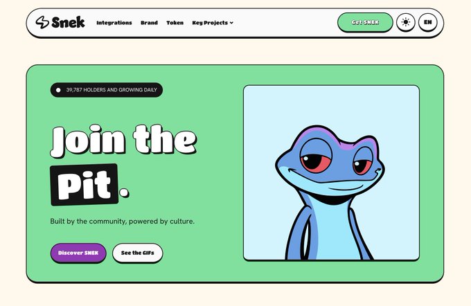 A screenshot of the Snek cryptocurrency website featuring a blue frog mascot, with navigation links (Integrations, Brand, Token, Key Projects) and a banner reading "Join the Pit." noting 39,787 holders.
