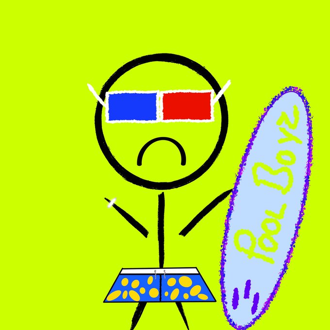 A cartoon stick figure wearing red-blue 3D glasses and blue swim trunks on a bright neon yellow background, with a surfboard reading 'Cool Boyz'.