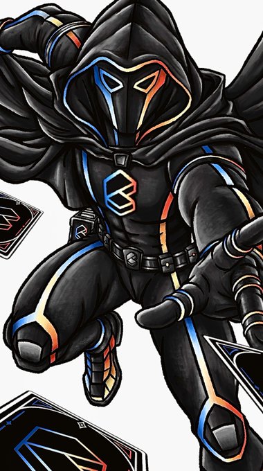 A dynamic illustration shows a hooded, masked figure in a black bodysuit accented with blue, red, and yellow stripes, featuring a hexagonal "B" logo on the chest and "R" markings on the utility belt, surrounded by floating playing cards. The artwork fits the call for a mascot design for @Collector_Crypt, with its trading card motif suggesting the character's name relates to "Blackjack."
