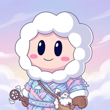 A cute cartoon character with a cloud-like white fluffy head wearing a blue winter coat and carrying a bag with a small white creature inside.