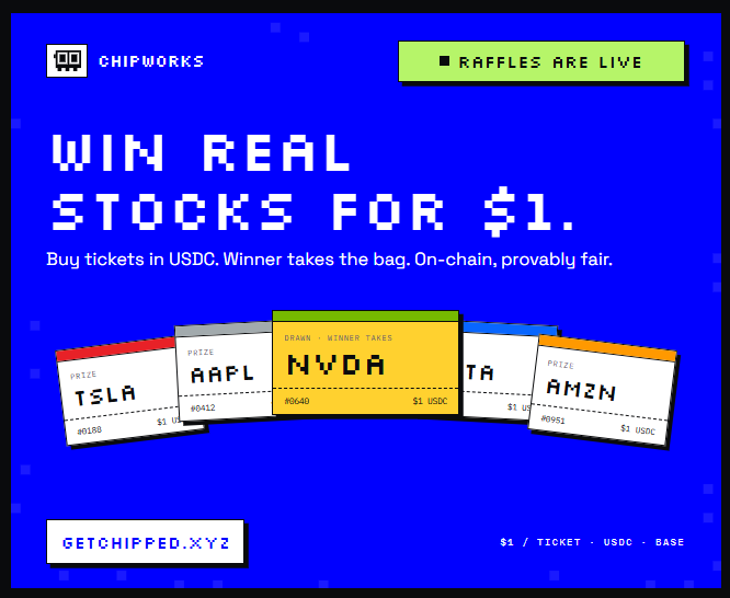 Pixel-art style advertisement for 'CHIPWORKS' promoting stock raffles, featuring the text 'WIN REAL STOCKS FOR $1' and showing tickets for TSLA, AAPL, NVDA, and AMZN, with a note that tickets cost $1 USDC on BASE.