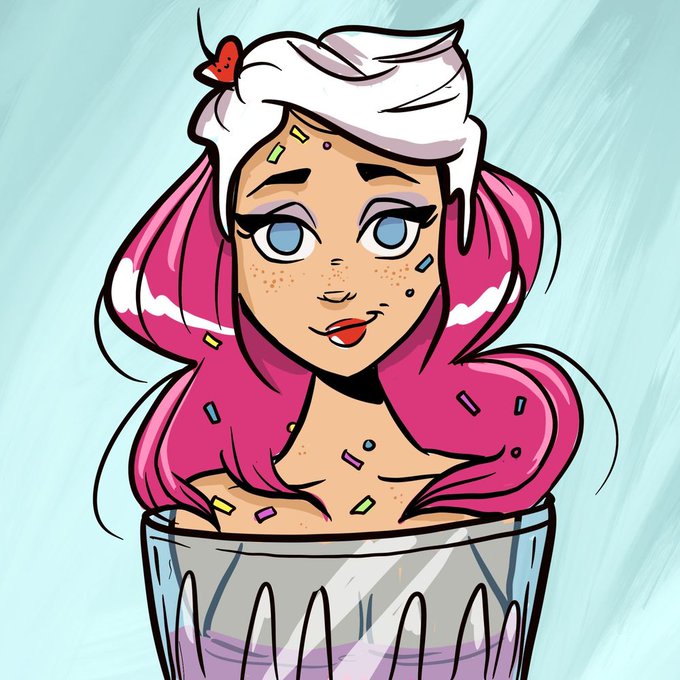 A cartoon illustration of a girl with pink hair, blue eyes, and a strawberry on her head, styled to look like she is a dessert in a glass cup topped with white cream and sprinkles.