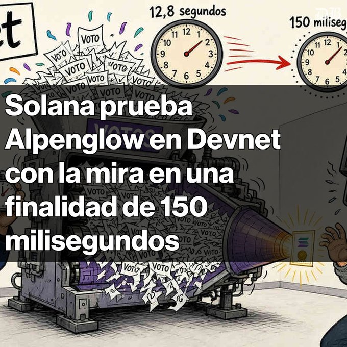 An illustration showing a machine processing 'VOTO' papers, with clocks indicating 12.8 seconds and 150 milliseconds, overlaid with Spanish text about Solana testing Alpenglow on Devnet.