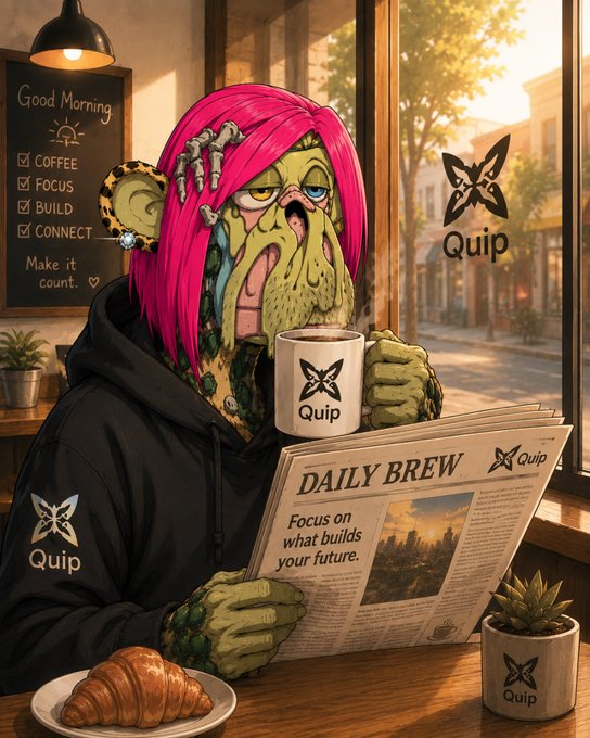 A pink-haired green creature wearing a Quip-branded hoodie sits in a cafe, drinking from a Quip coffee mug and reading a newspaper titled 'DAILY BREW' with the headline 'Focus on what builds your future' beside a chalkboard reading 'Good Morning' with checkboxes for COFFEE, FOCUS, BUILD, and CONNECT.