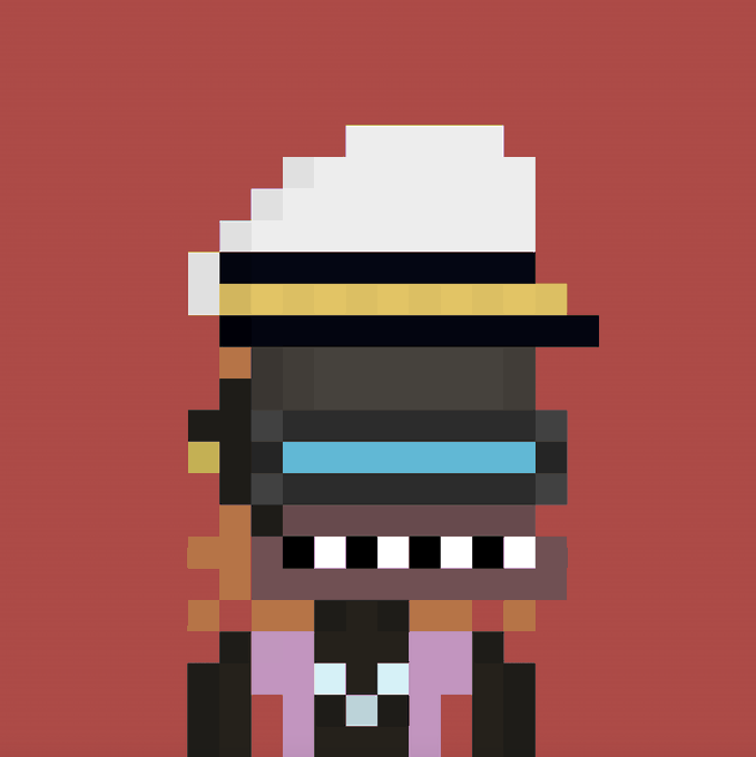 A pixel art portrait of a character with a white turban-like head covering, a glowing blue visor, and a wide, toothy grin, set against a red background.