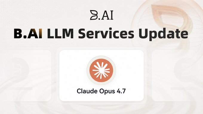 The image shows a white background with an orange circle containing a star, which is the main focus of the image. Below this, there are two lines of text that read "B.A.I" and "Opus 4.8". The text "Claude Opus 4.7" is also present in the image. This suggests that the image might be related to a post about an update or release for the Opus operating system, possibly on B.AI.