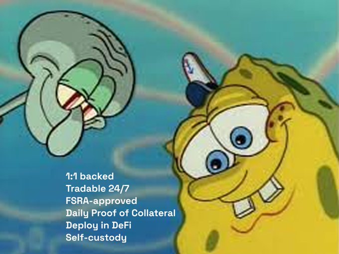 The image features two cartoon characters, Spongebob Squarepants and Patrick Star. Spongebob is shown with his eyes closed while Patrick stars wide open. The caption at the bottom of the picture explains that this scene represents a @BNBCHAIN BNP Paribas Chain link trading account.