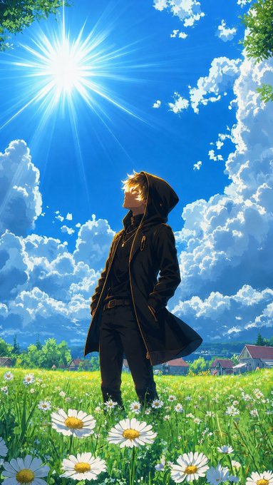 An anime-style artwork showing a hooded figure standing in a flower field of daisies, gazing up at a bright sun in a blue cloudy sky.