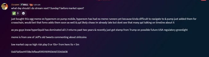 The image shows a tweet from user "Ansen" discussing potential stream timing, mentioning "HYPE" (hyperliquid) coin and a new memecoin with market cap under $5m. The tweet references a tweet ID 0xb15d5ee14708e/efbee9391109006d12265a08 and includes a green checkmark with "3" next to "HULL" ticker, connecting to the post about hyperliquid being hyped by a key opinion leader (KOL).
