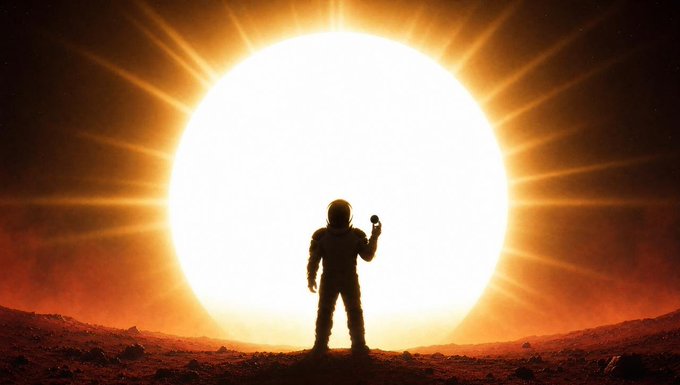A lone astronaut stands silhouetted against an intensely glowing sun on a barren, rocky alien landscape. The image evokes themes of futuristic exploration and new frontiers, aligning with the post's optimism about $MarsCoin as a forward-looking venture.