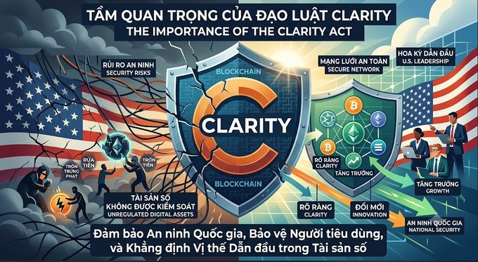 A bilingual (Vietnamese and English) infographic titled 'THE IMPORTANCE OF THE CLARITY ACT' featuring a central shield with 'CLARITY' and blockchain imagery, contrasting security risks with innovation and U.S. leadership.