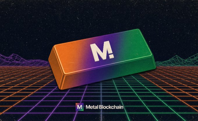 A stylized 3D render of a colorful gradient block featuring the letter "M" resting on a retro wireframe grid landscape, with "Metal Blockchain" branding at the bottom.