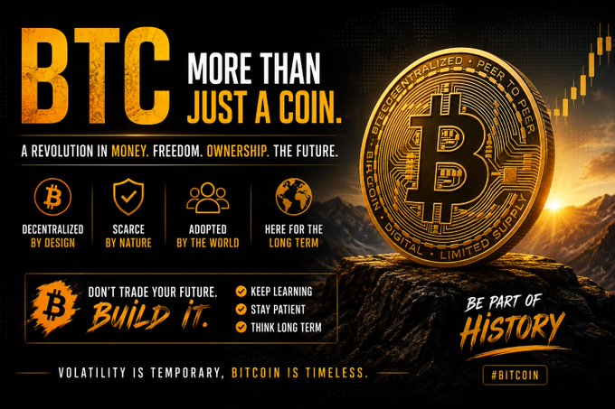 A promotional graphic about Bitcoin featuring a large gold coin on a rock with text 'BTC MORE THAN JUST A COIN', 'A REVOLUTION IN MONEY. FREEDOM. OWNERSHIP. THE FUTURE.', and 'BE PART OF HISTORY'.