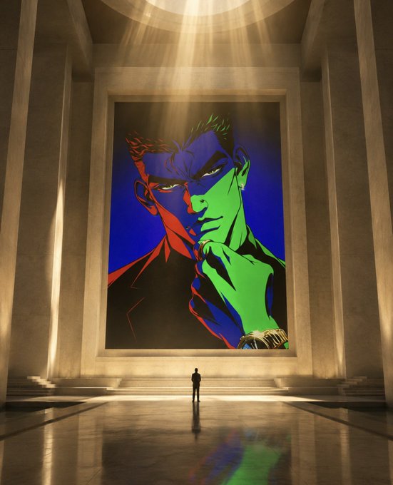A giant stylized pop-art portrait of a face in blue, red, and green dominates a grand hall with a small silhouetted figure standing below it as light streams down from above.