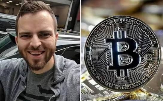 A side-by-side image showing a smiling young man in a hoodie on the left and a physical Bitcoin token on the right.