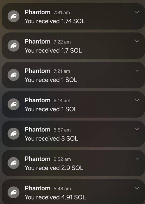 A screenshot of multiple Phantom wallet notifications showing various SOL deposits (ranging from 1 to 4.91 SOL) received throughout the early morning hours, used as supposed "proof" to lend credibility to a giveaway scam post promising $750 in $SOL.