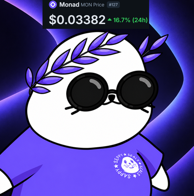 A cartoon illustration of a round white character with a laurel wreath and dark round glasses wearing a purple 'Sappy Seals' shirt, displayed beneath a price ticker showing 'Monad MON Price #127 $0.03382 ▲ 16.7% (24h)'.