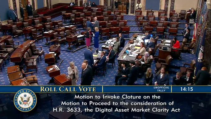A view of the U.S. Senate floor with senators seated at their desks; on-screen text reads "ROLL CALL VOTE," "UNOFFICIAL TALLY 14:15," and "Motion to Invoke Cloture on the Motion to Proceed to the consideration of H.R. 3633, the Digital Asset Market Clarity Act."