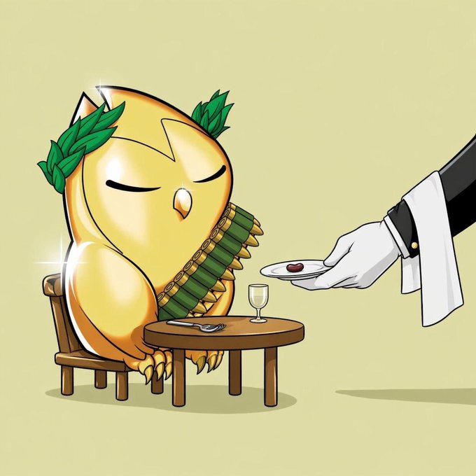A cartoon illustration of an owl-like creature wearing a laurel wreath, sitting at a small table with a spoon and wine glass, while a waiter in a tuxedo serves it a small dish with what appears to be a red item.