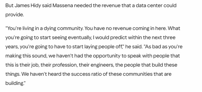 A screenshot of an article quoting Massena official James Hidy warning that data centers are the community's only revenue hope, with critics comparing the hype around AI-driven data center builds to past speculative bubbles like Bitcoin mining booms that promised prosperity but often delivered little.